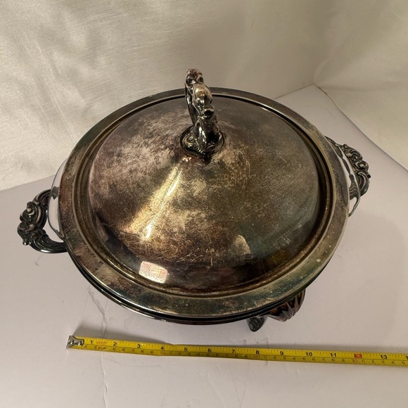 Antique 3 Piece Raimand Silver Plated 3 Footed Chafing Dish W/ Lid, Fire King - Picture 8 of 9